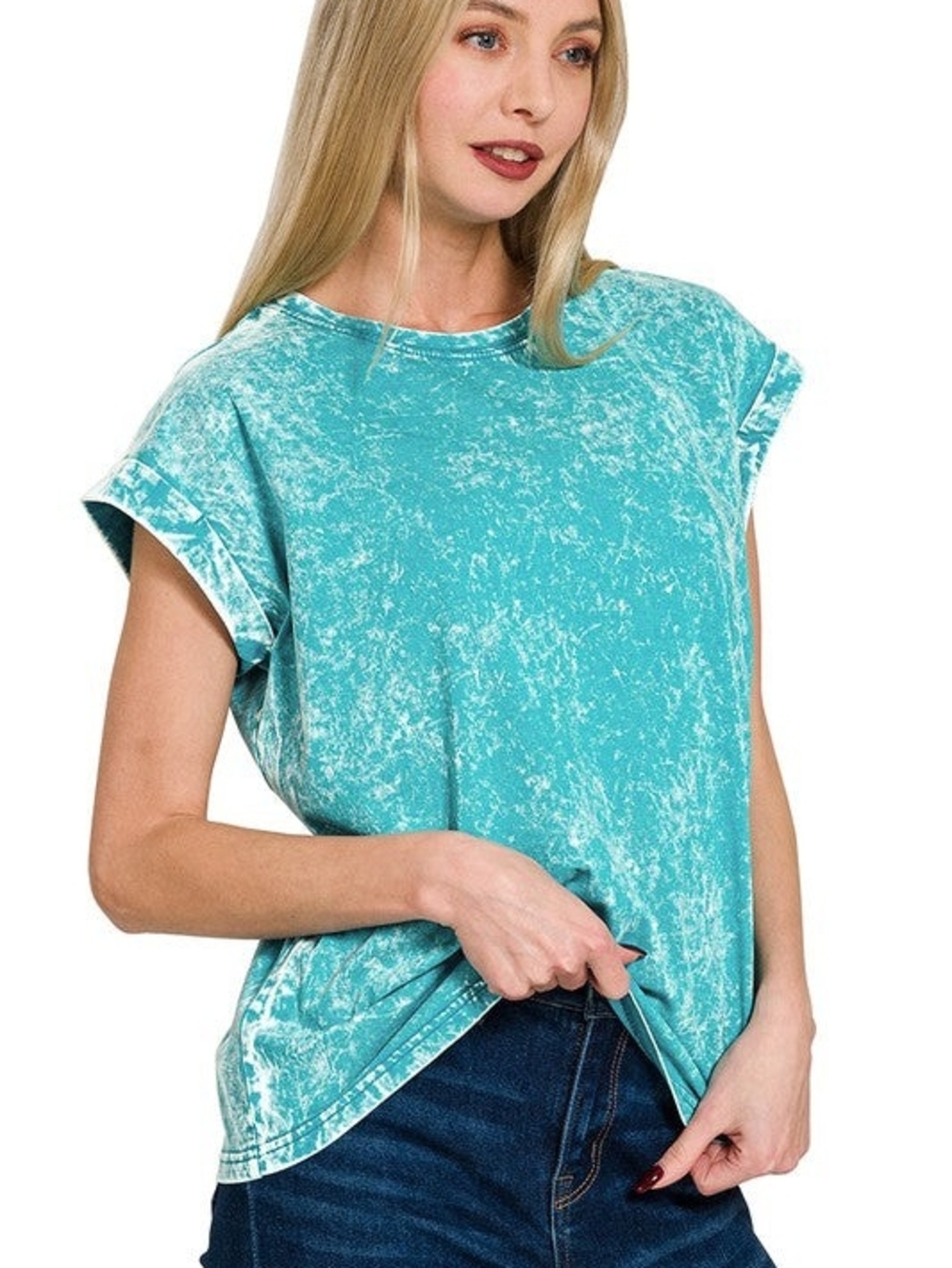 Women's Washed Teal Short Sleeve Tee - Relaxed Crew Neck